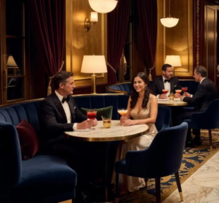 Goście delektują się kolacją w restauracji połączonej z eleganckim kasynem.