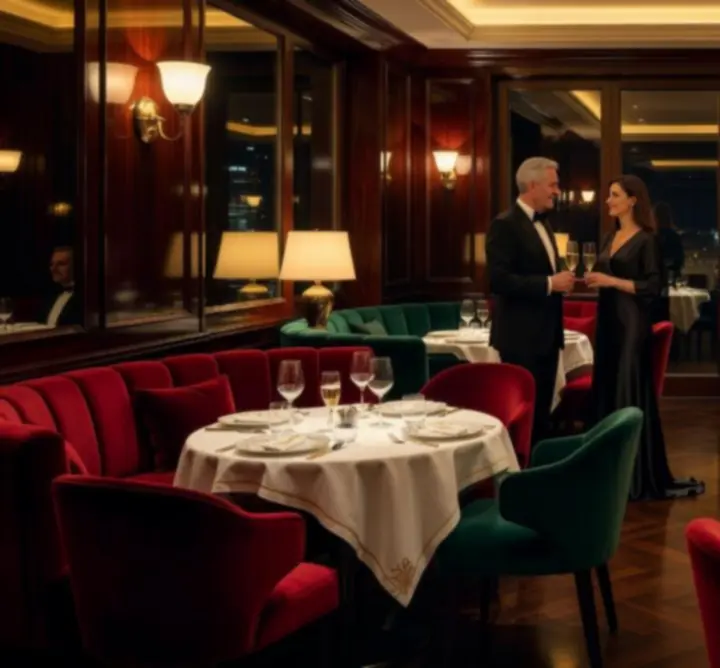 Luksusowa restauracja w sercu kasyna z eleganckimi stolikami i wieczornym światłem.