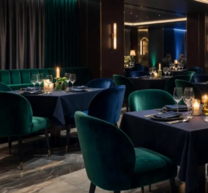 Luksusowe wnętrze restauracji z wieczornym oświetleniem i kasynową elegancją