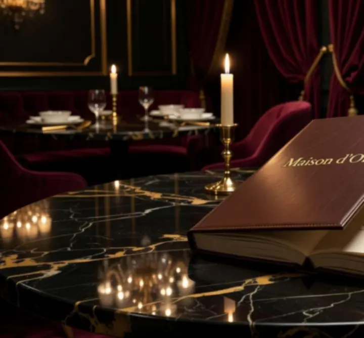 Luksusowa karta dań restauracji Nocna Strefa w eleganckim, kasynowym wnętrzu