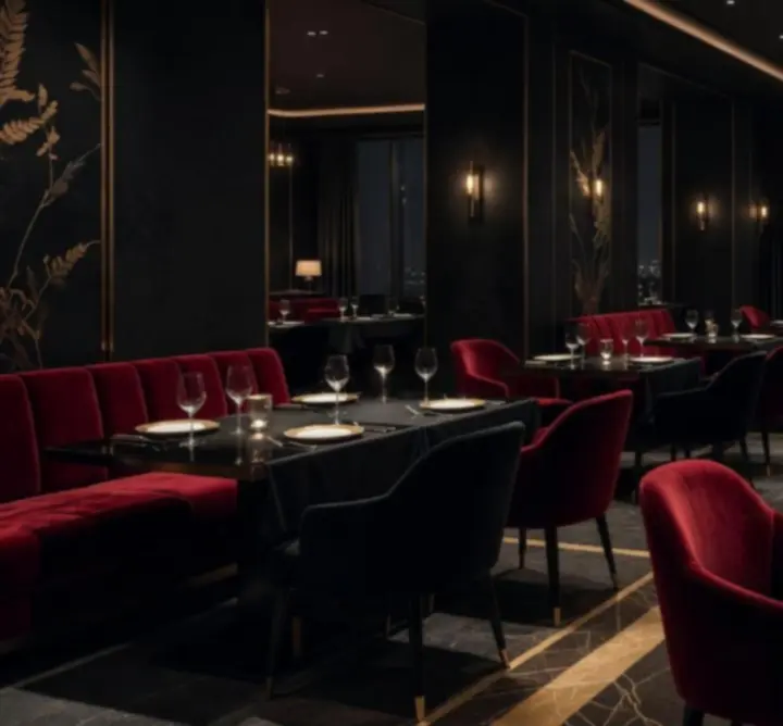 Luksusowe, nastrojowe wnętrze restauracji Nocna Strefa z eleganckimi stolikami i światłem świec.