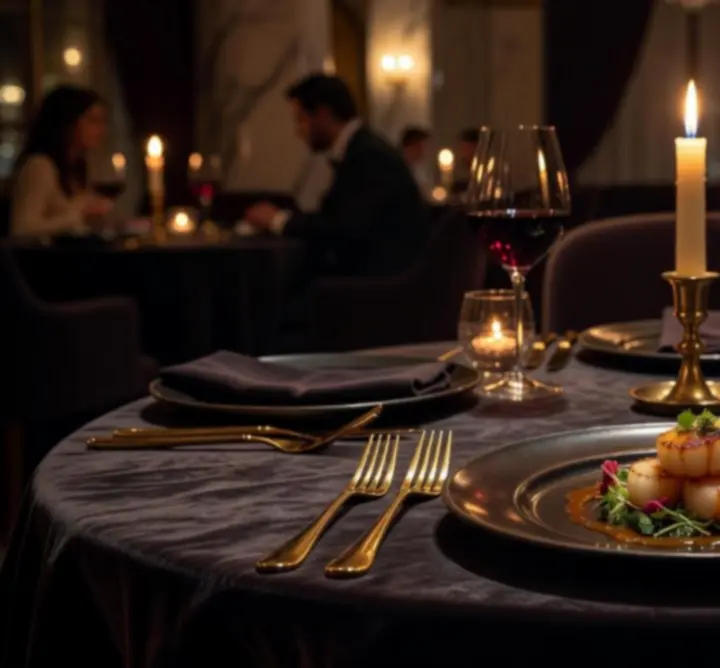 Ekskluzywnie nakryty stolik w wieczornej aranżacji w luksusowej restauracji