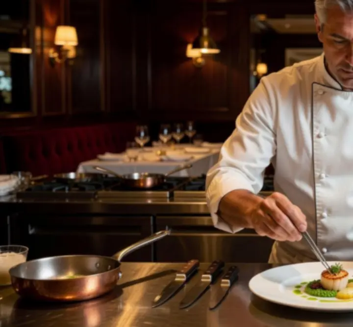 Szef kuchni Nocnej Strefy przygotowuje gourmet danie w eleganckiej kuchni.