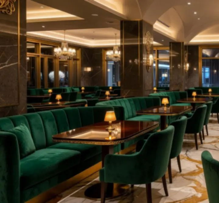 Luksusowe, ciemne wnętrze restauracji z aksamitnymi fotelami i złotymi detalami