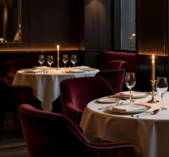 Aksamitne, eleganckie wnętrze restauracji z romantycznym, wieczornym oświetleniem.