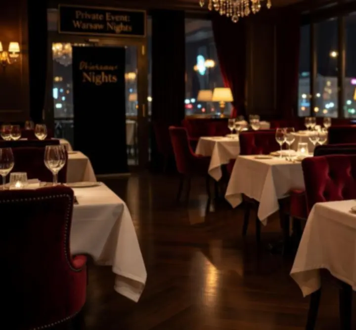 Elegancka sala restauracyjna przygotowana na luksusowe wydarzenie w Nocnej Strefie